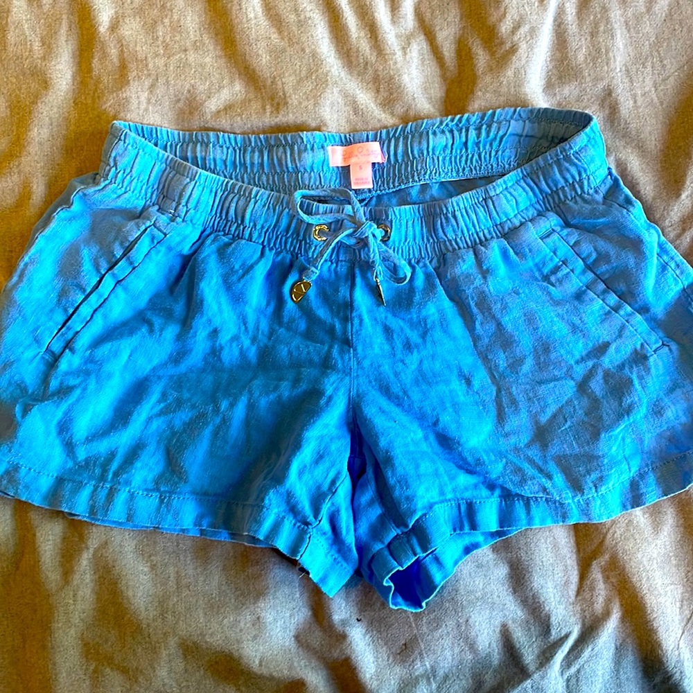 Lilly Pulitzer 100% Linen Shorts  Blue Women's S Stretch Waist